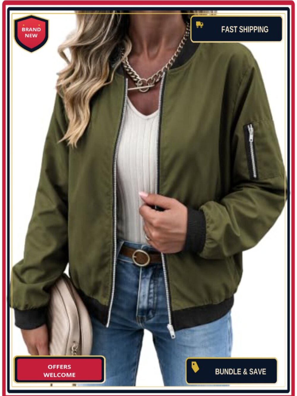 Women's Lightweight Bomber Jacket Zip Up Casual Coat with Pockets